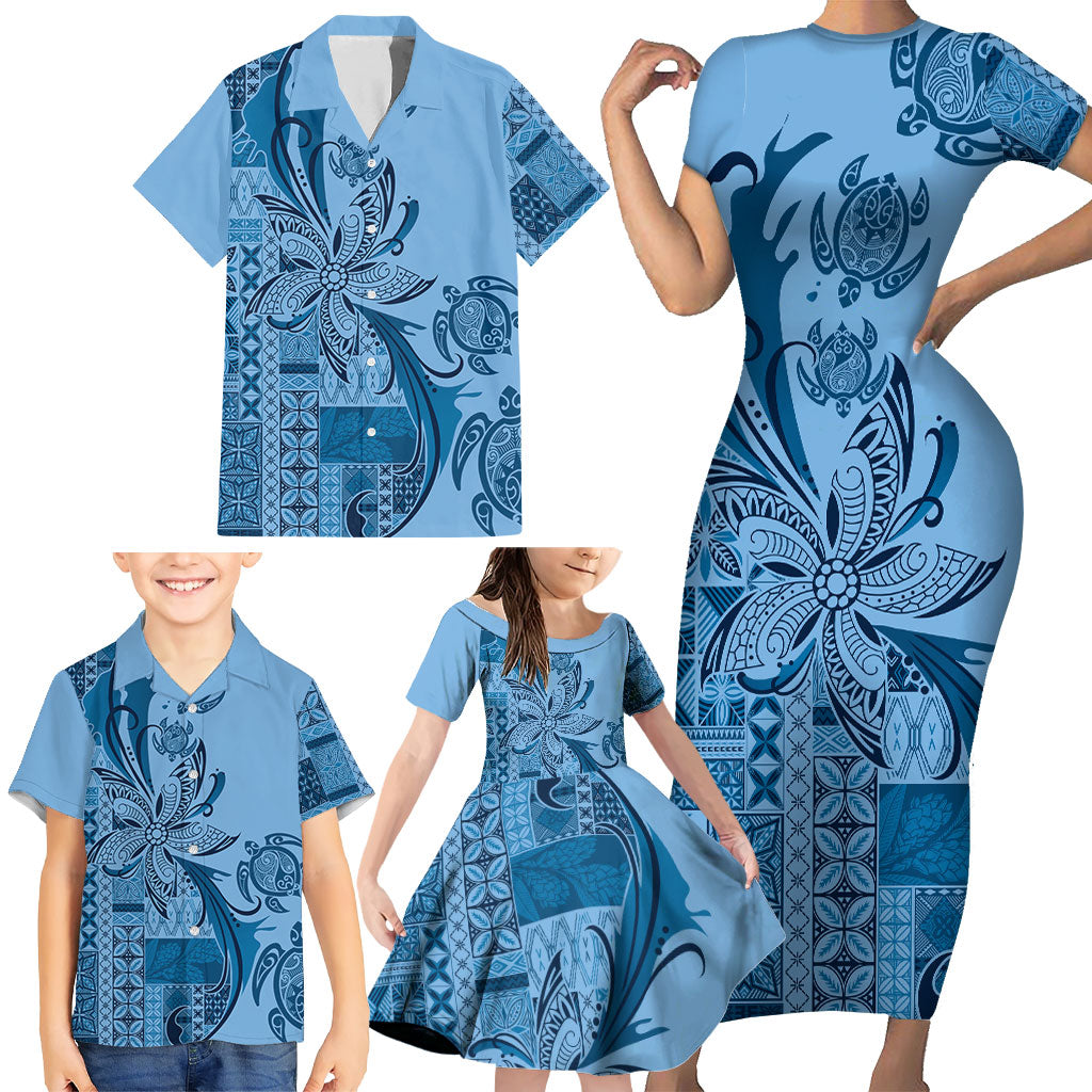 Talofa Samoa Mamanu Siapo Mix Malu Family Matching Short Sleeve Bodycon Dress and Hawaiian Shirt Cool Blue Frangipani and Turtles