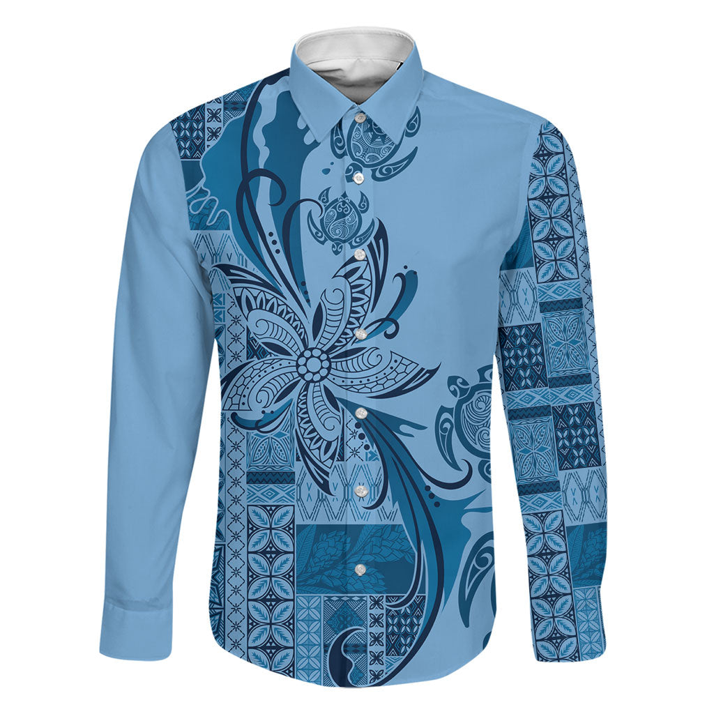 Talofa Samoa Mamanu Siapo Mix Malu Family Matching Summer Maxi Dress and Hawaiian Shirt Cool Blue Frangipani and Turtles LT7 Dad's Shirt - Long Sleeve Blue - Polynesian Pride