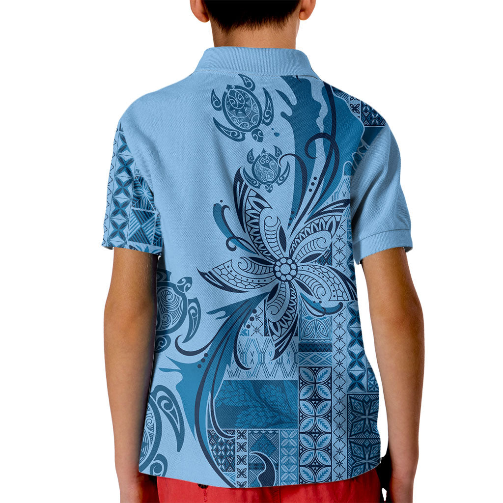 Talofa Samoa Mamanu Siapo Mix Malu Kid Polo Shirt Cool Blue Frangipani and Turtles