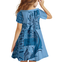 Talofa Samoa Mamanu Siapo Mix Malu Kid Short Sleeve Dress Cool Blue Frangipani and Turtles