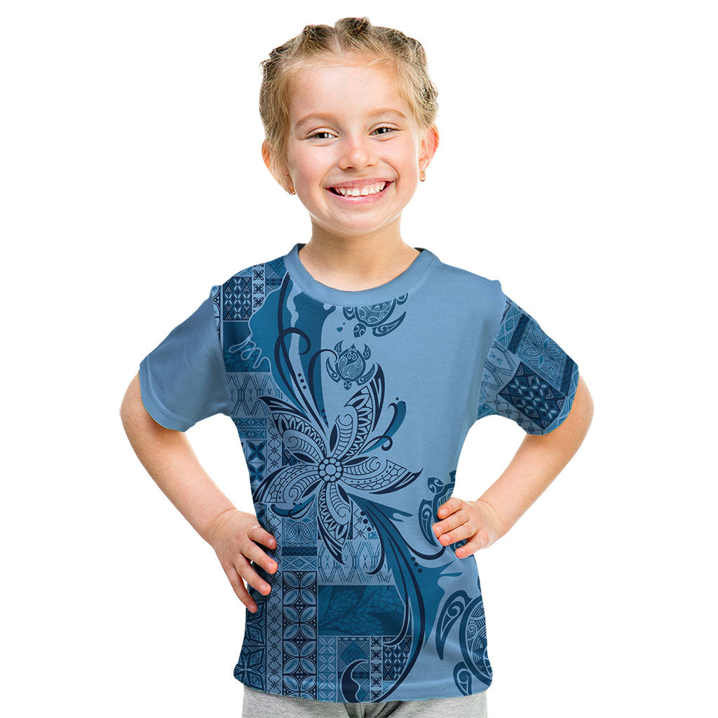Talofa Samoa Mamanu Siapo Mix Malu Kid T Shirt Cool Blue Frangipani and Turtles