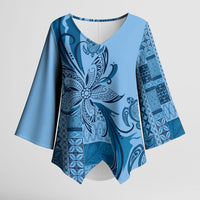Talofa Samoa Mamanu Siapo Mix Malu Kimono Sleeve Blouse Cool Blue Frangipani and Turtles
