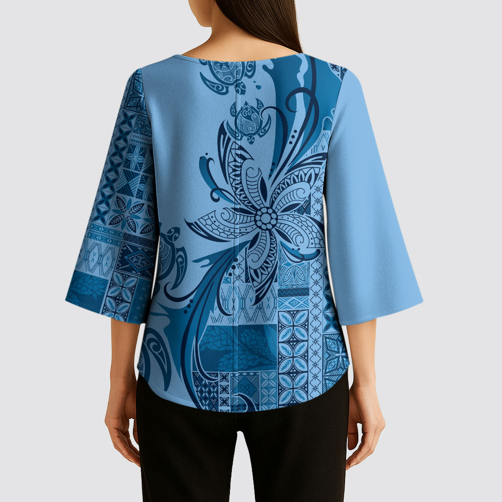 Talofa Samoa Mamanu Siapo Mix Malu Kimono Sleeve Blouse Cool Blue Frangipani and Turtles