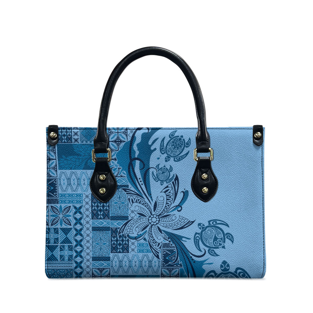 Talofa Samoa Mamanu Siapo Mix Malu Leather Bag Cool Blue Frangipani and Turtles