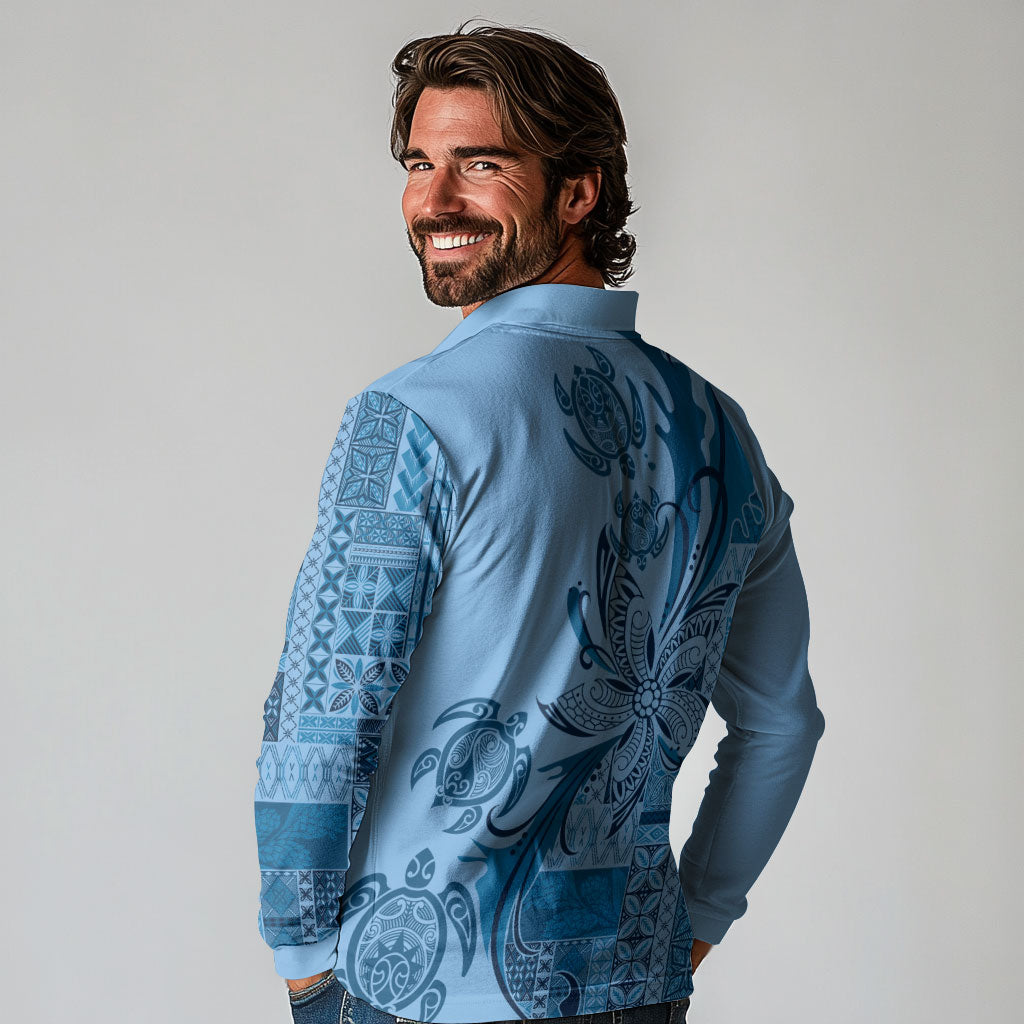 Talofa Samoa Mamanu Siapo Mix Malu Long Sleeve Polo Shirt Cool Blue Frangipani and Turtles