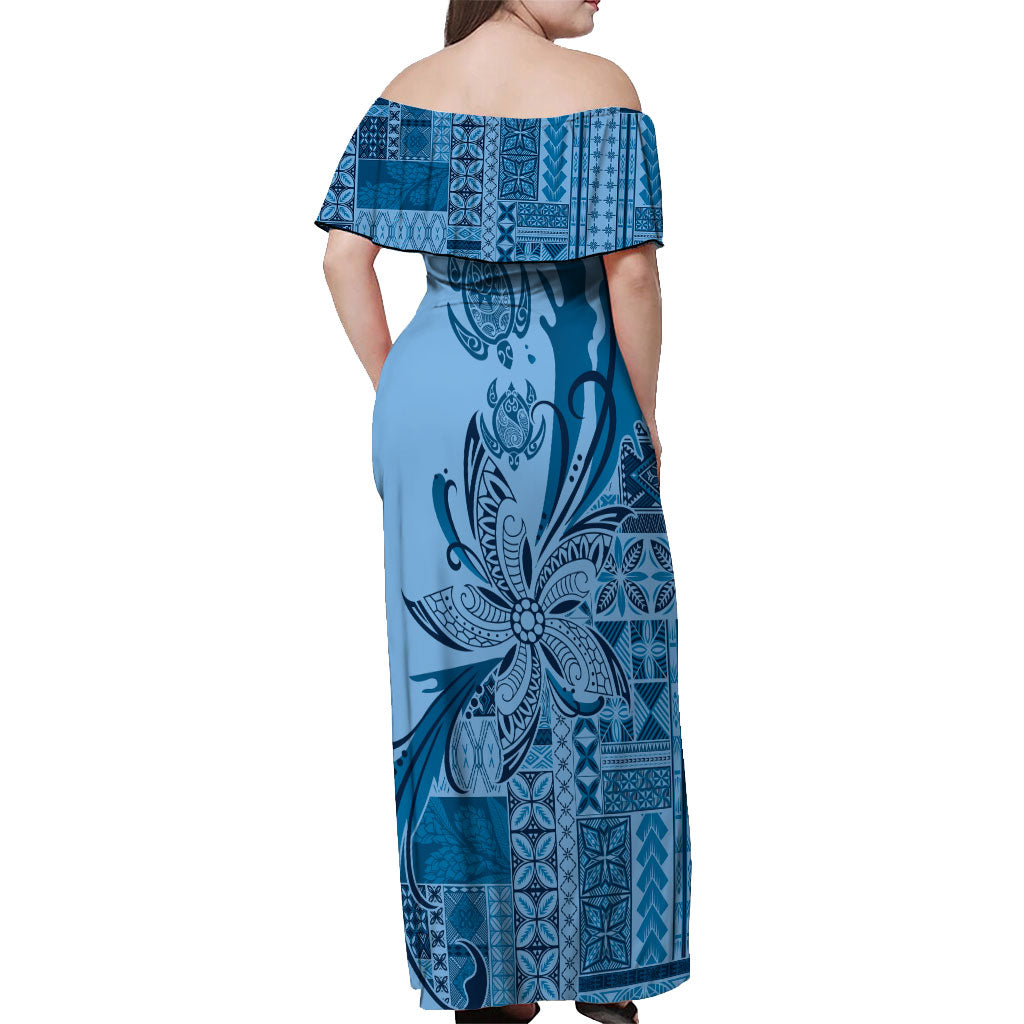 Talofa Samoa Mamanu Siapo Mix Malu Off Shoulder Maxi Dress Cool Blue Frangipani and Turtles