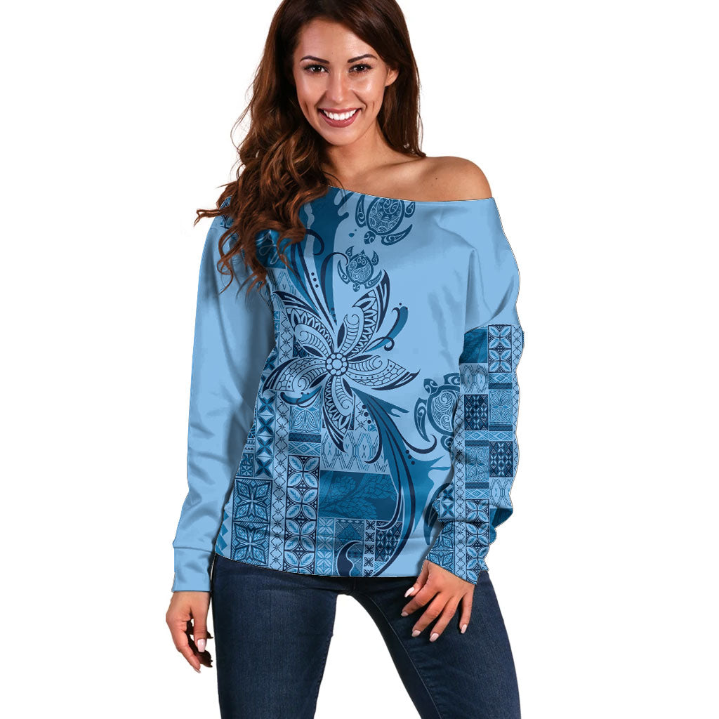 Talofa Samoa Mamanu Siapo Mix Malu Off Shoulder Sweater Cool Blue Frangipani and Turtles