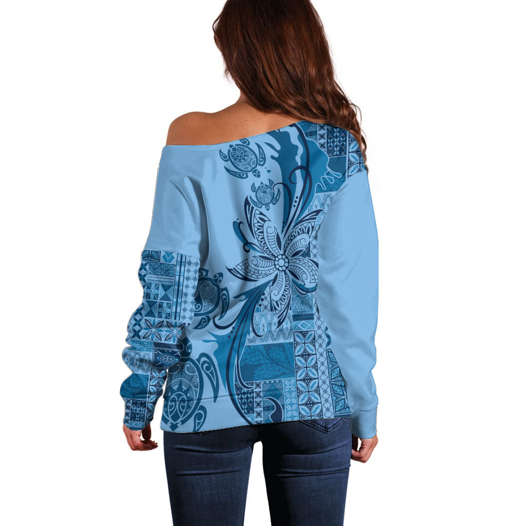 Talofa Samoa Mamanu Siapo Mix Malu Off Shoulder Sweater Cool Blue Frangipani and Turtles LT7 - Polynesian Pride
