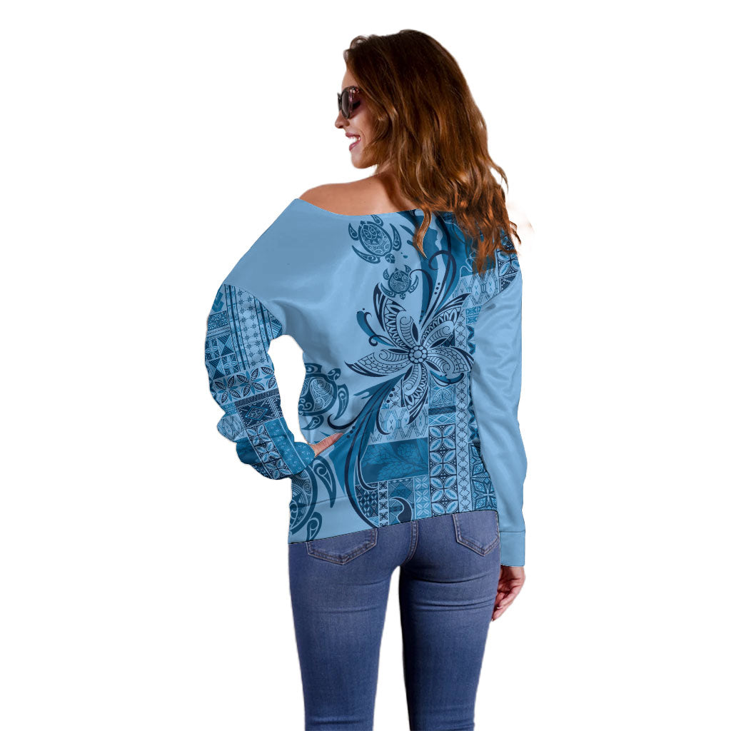 Talofa Samoa Mamanu Siapo Mix Malu Off Shoulder Sweater Cool Blue Frangipani and Turtles LT7 - Polynesian Pride