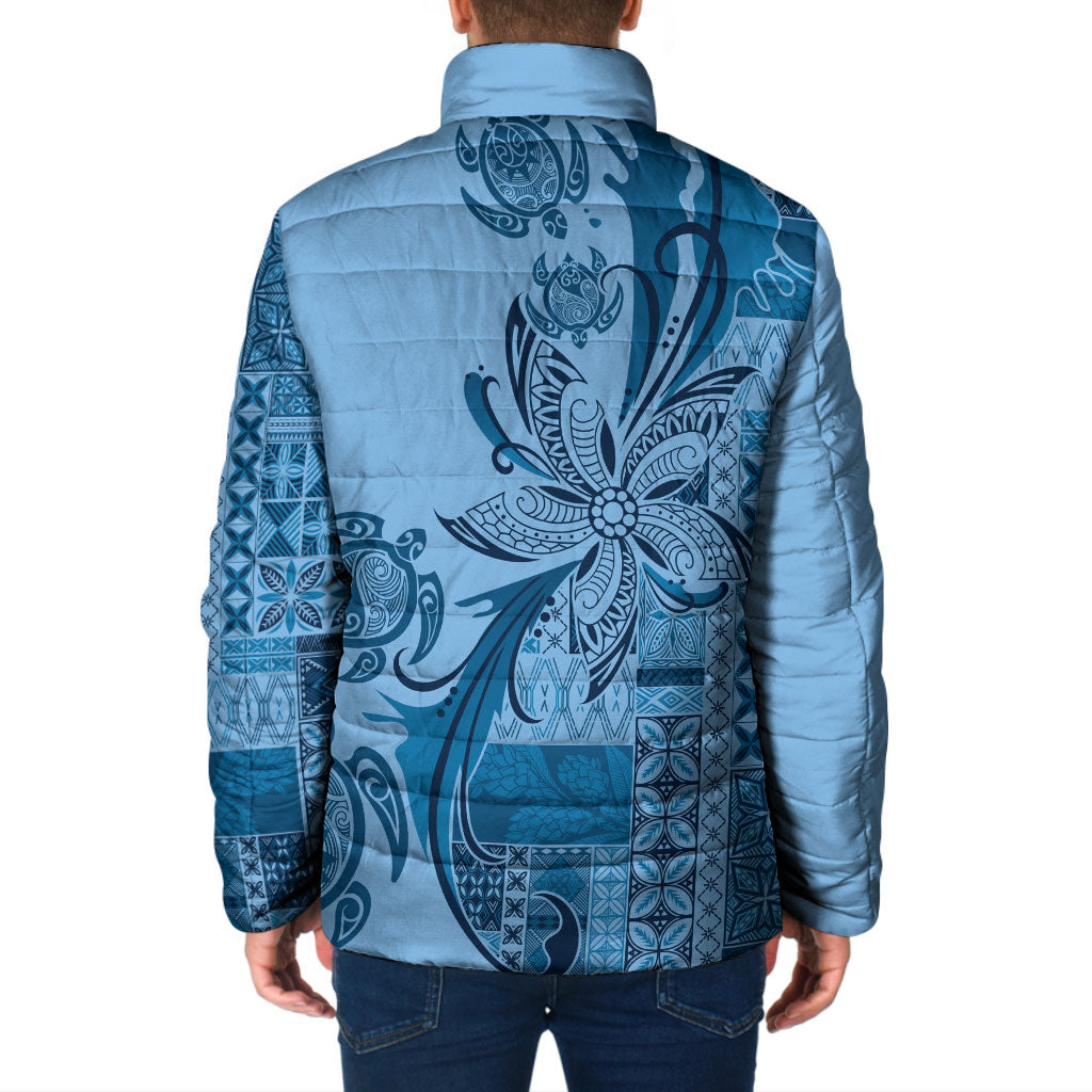 Talofa Samoa Mamanu Siapo Mix Malu Padded Jacket Cool Blue Frangipani and Turtles