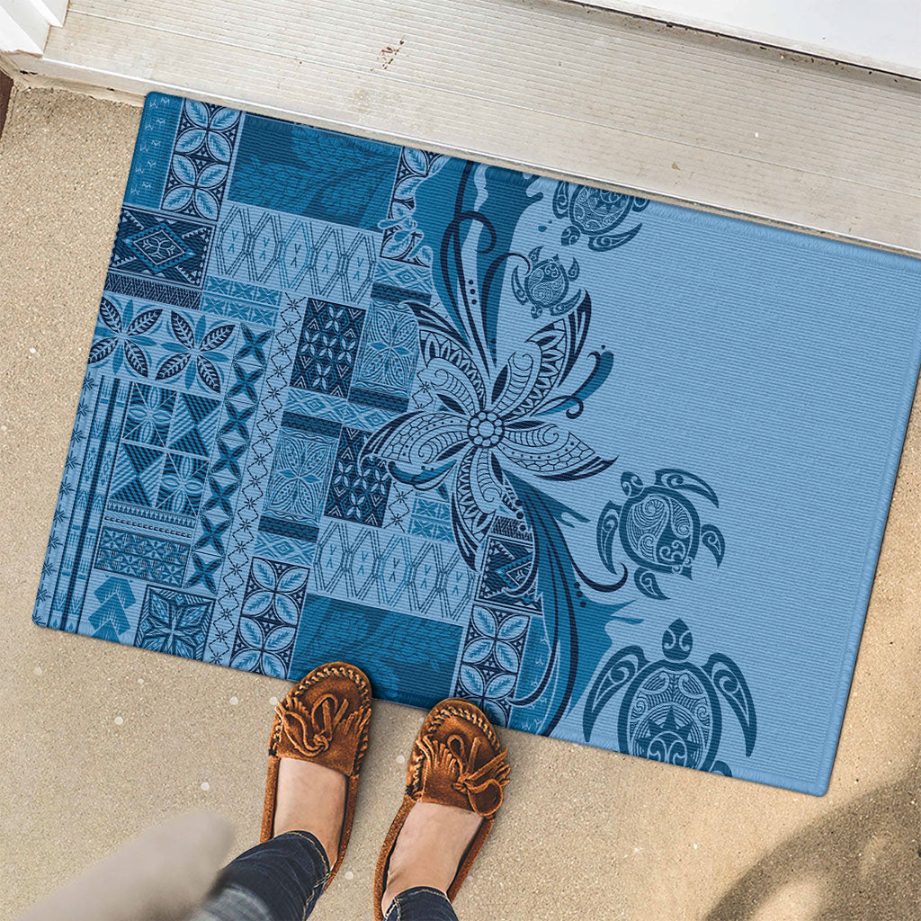 Talofa Samoa Mamanu Siapo Mix Malu Rubber Doormat Cool Blue Frangipani and Turtles