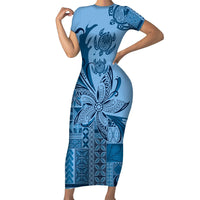 Talofa Samoa Mamanu Siapo Mix Malu Short Sleeve Bodycon Dress Cool Blue Frangipani and Turtles LT7 Long Dress Blue - Polynesian Pride