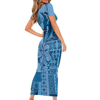 Talofa Samoa Mamanu Siapo Mix Malu Short Sleeve Bodycon Dress Cool Blue Frangipani and Turtles LT7 - Polynesian Pride