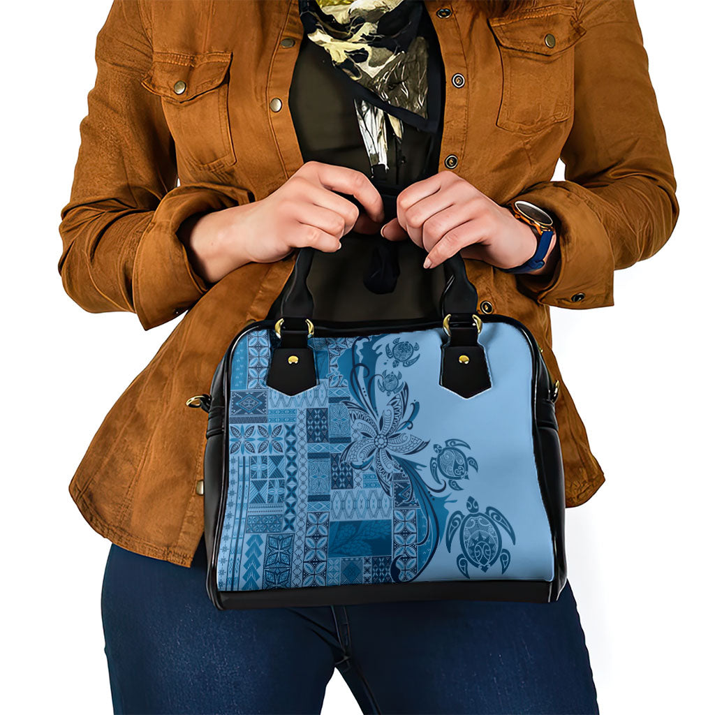 Talofa Samoa Mamanu Siapo Mix Malu Shoulder Handbag Cool Blue Frangipani and Turtles