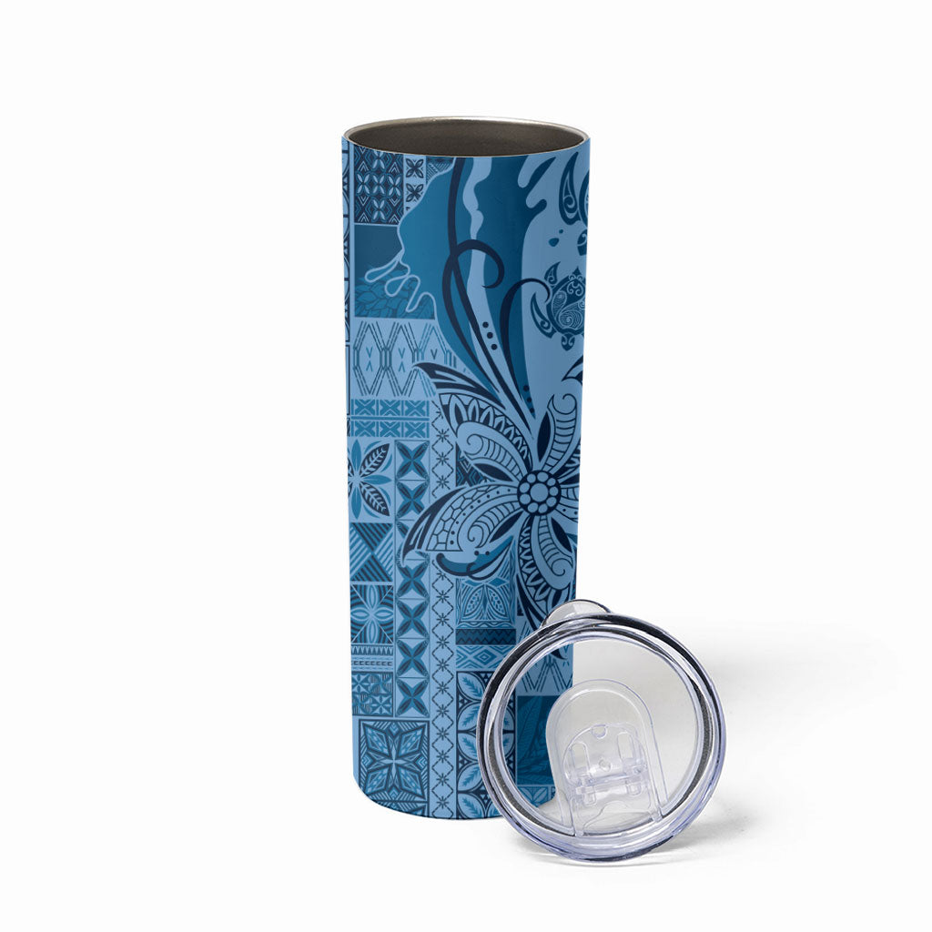 Talofa Samoa Mamanu Siapo Mix Malu Skinny Tumbler Cool Blue Frangipani and Turtles