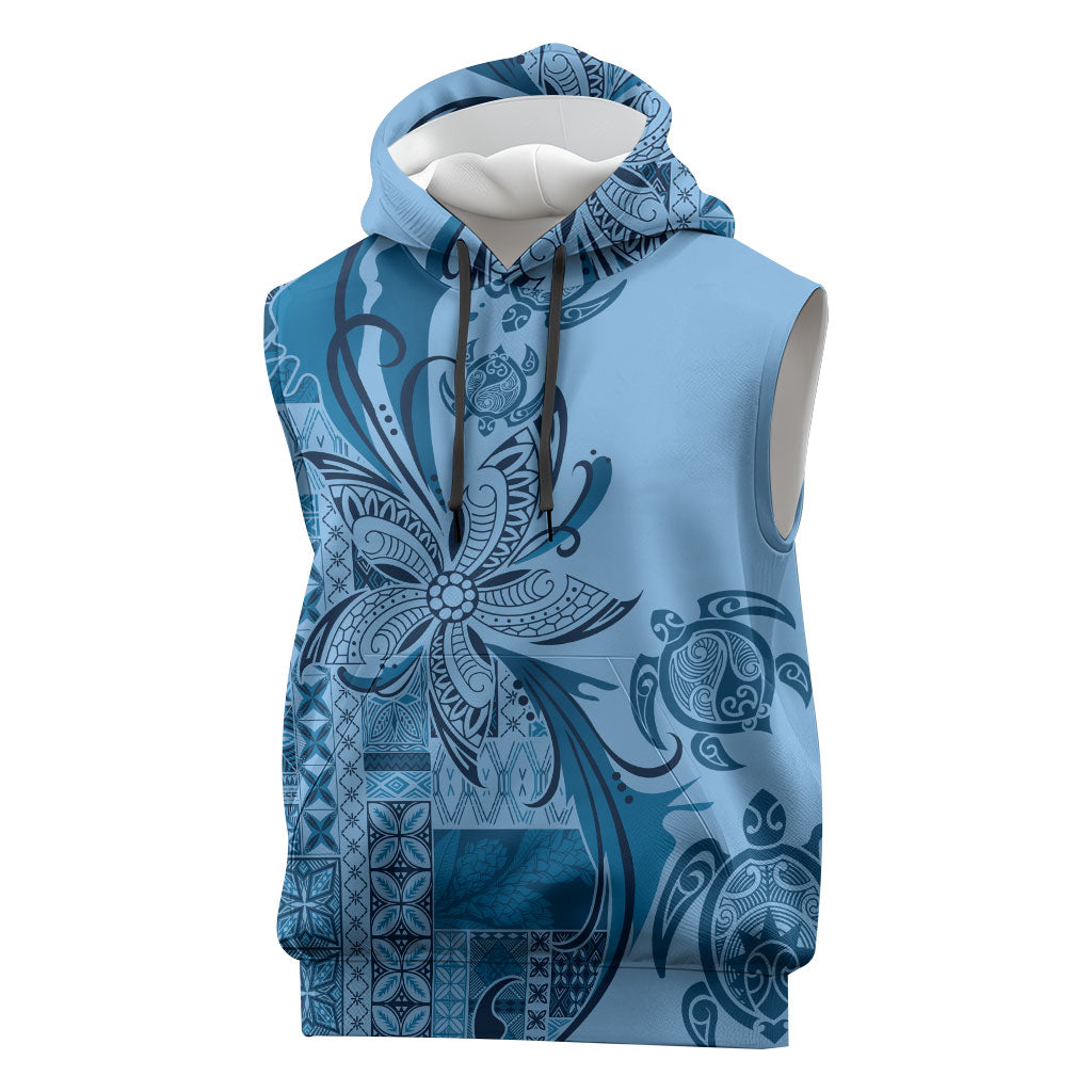 Talofa Samoa Mamanu Siapo Mix Malu Sleeveless Hoodie Cool Blue Frangipani and Turtles