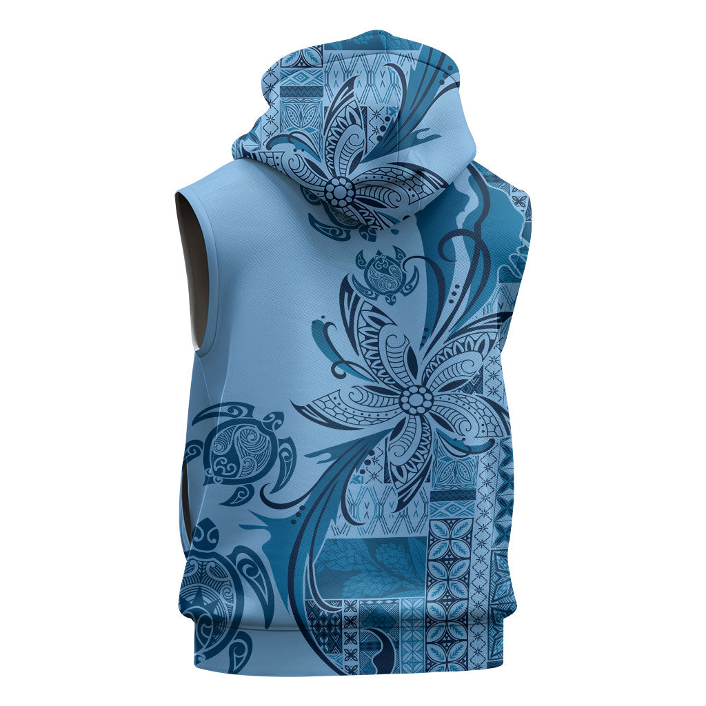 Talofa Samoa Mamanu Siapo Mix Malu Sleeveless Hoodie Cool Blue Frangipani and Turtles