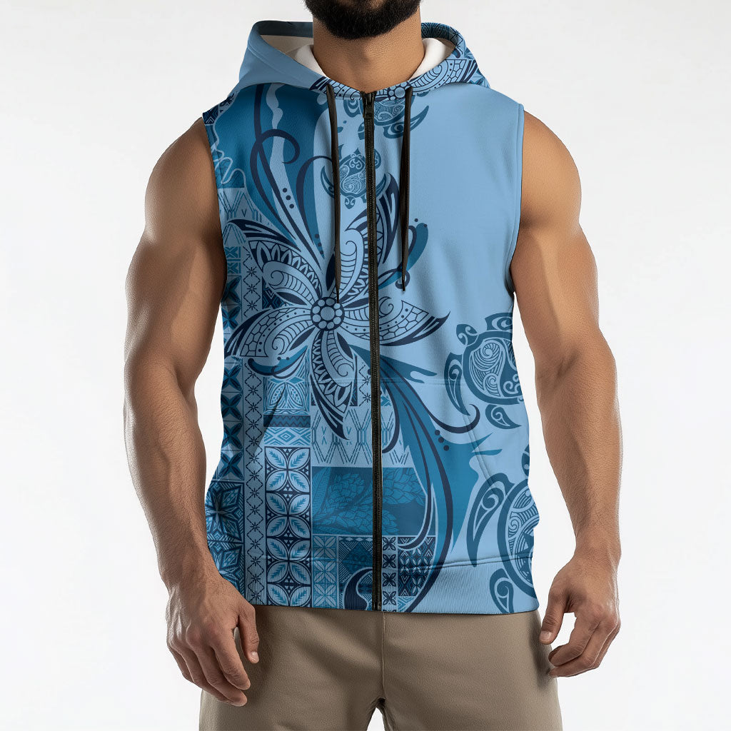 Talofa Samoa Mamanu Siapo Mix Malu Sleeveless Zip Hoodie Cool Blue Frangipani and Turtles