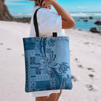 Talofa Samoa Mamanu Siapo Mix Malu Tote Bag Cool Blue Frangipani and Turtles