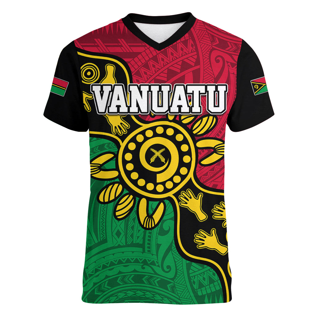 Personalised Vanuatu Women V Neck T Shirt Mix Aboriginal Dot Art LT7 Female Art - Polynesian Pride
