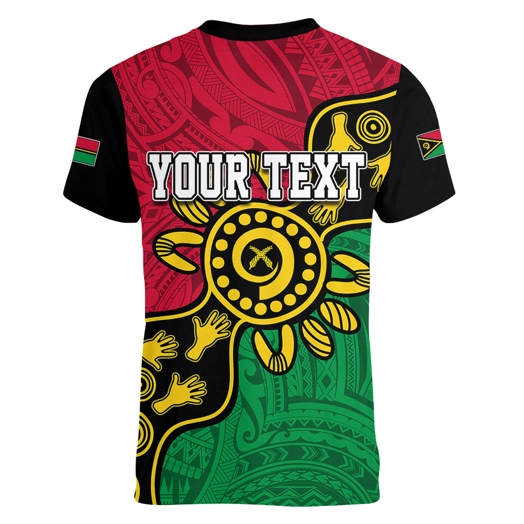 Personalised Vanuatu Women V Neck T Shirt Mix Aboriginal Dot Art LT7 - Polynesian Pride