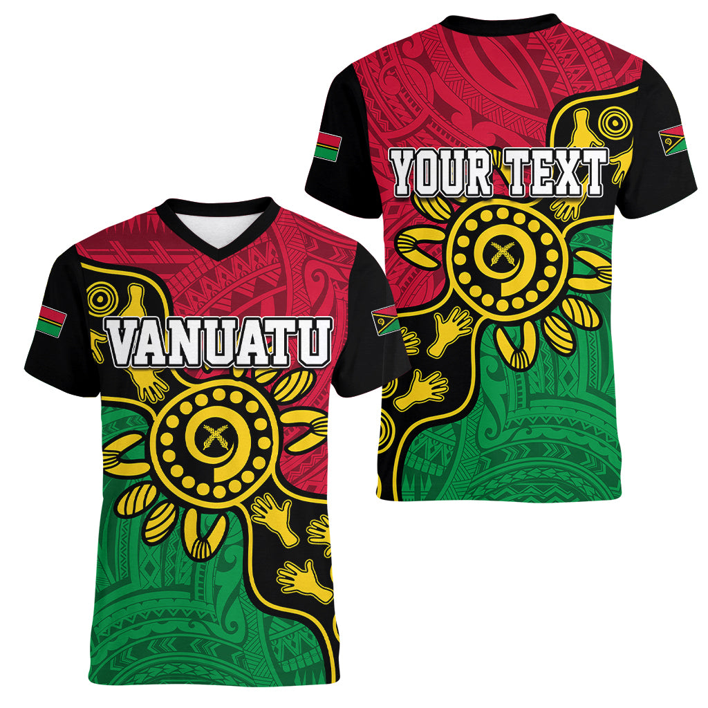 Personalised Vanuatu Women V Neck T Shirt Mix Aboriginal Dot Art LT7 - Polynesian Pride