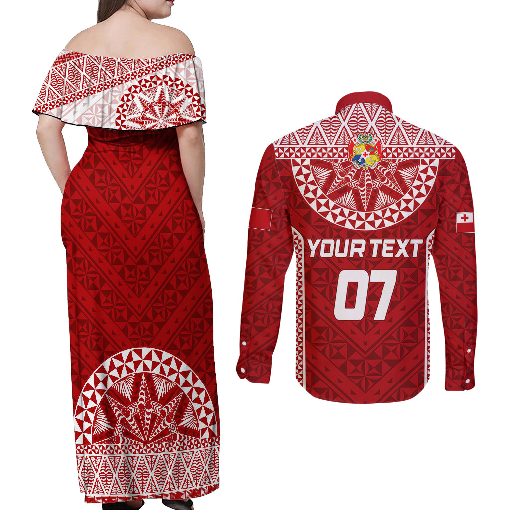 Personalised Tonga Rugby Couples Matching Off Shoulder Maxi Dress and Long Sleeve Button Shirts Mate Ma'a Tonga Champions LT7 - Polynesian Pride