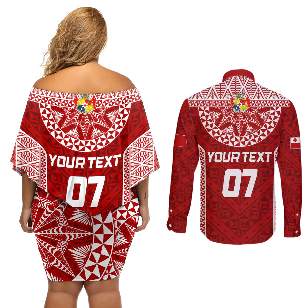 Personalised Tonga Rugby Couples Matching Off Shoulder Short Dress and Long Sleeve Button Shirts Mate Ma'a Tonga Champions LT7 - Polynesian Pride