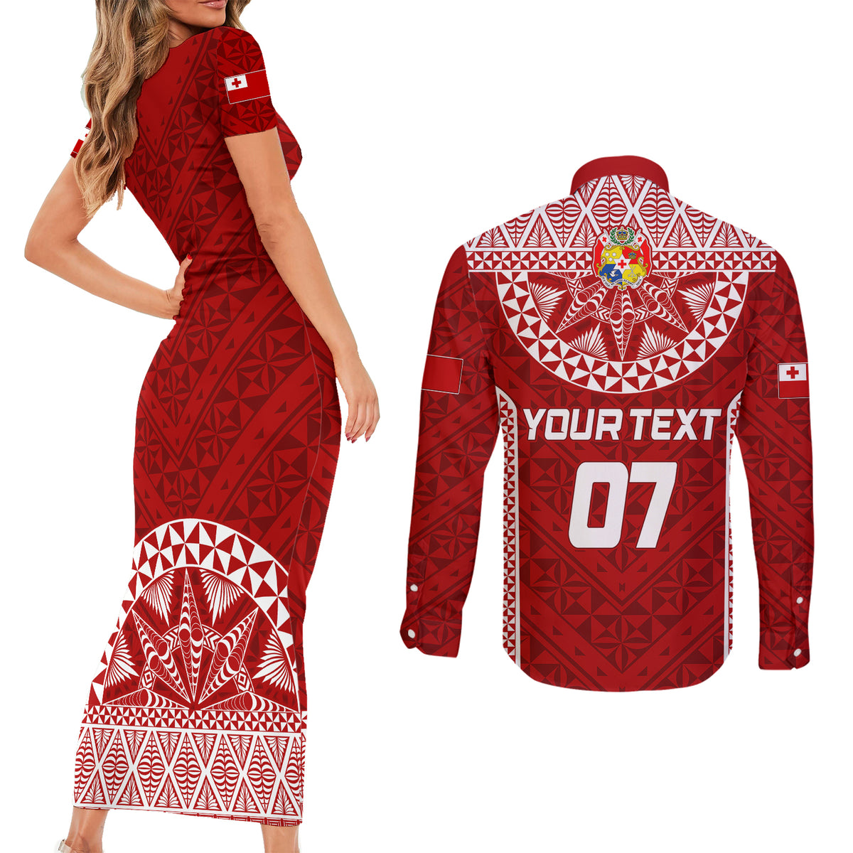 Personalised Tonga Rugby Couples Matching Short Sleeve Bodycon Dress and Long Sleeve Button Shirts Mate Ma'a Tonga Champions LT7 - Polynesian Pride