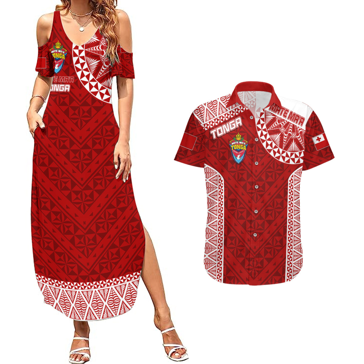 Personalised Tonga Rugby Couples Matching Summer Maxi Dress and Hawaiian Shirt Mate Ma'a Tonga Champions LT7 Red - Polynesian Pride
