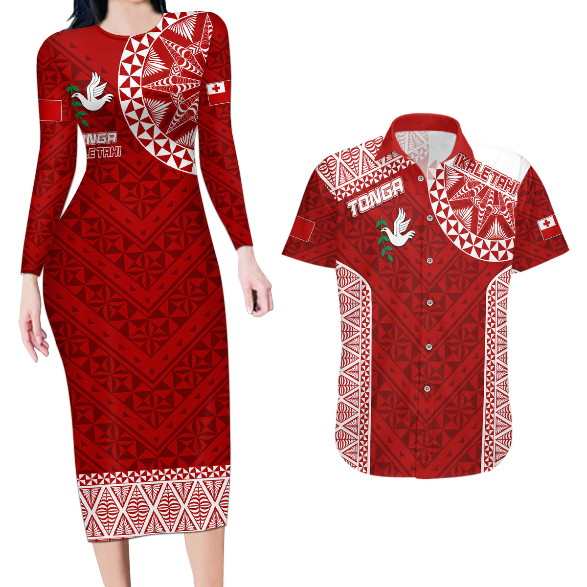Personalised Tonga Rugby Couples Matching Long Sleeve Bodycon Dress and Hawaiian Shirt Ikale Tahi Champions World Cup 2023 LT7 Red - Polynesian Pride
