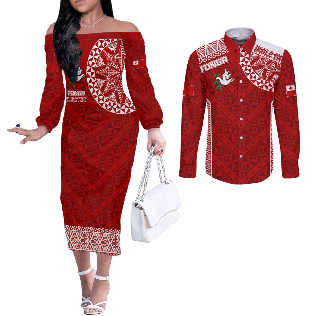 Personalised Tonga Rugby Couples Matching Off The Shoulder Long Sleeve Dress and Long Sleeve Button Shirts Ikale Tahi Champions World Cup 2023 LT7 Red - Polynesian Pride