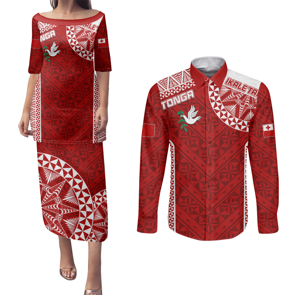 Personalised Tonga Rugby Couples Matching Puletasi Dress and Long Sleeve Button Shirts Ikale Tahi Champions World Cup 2023 LT7 Red - Polynesian Pride