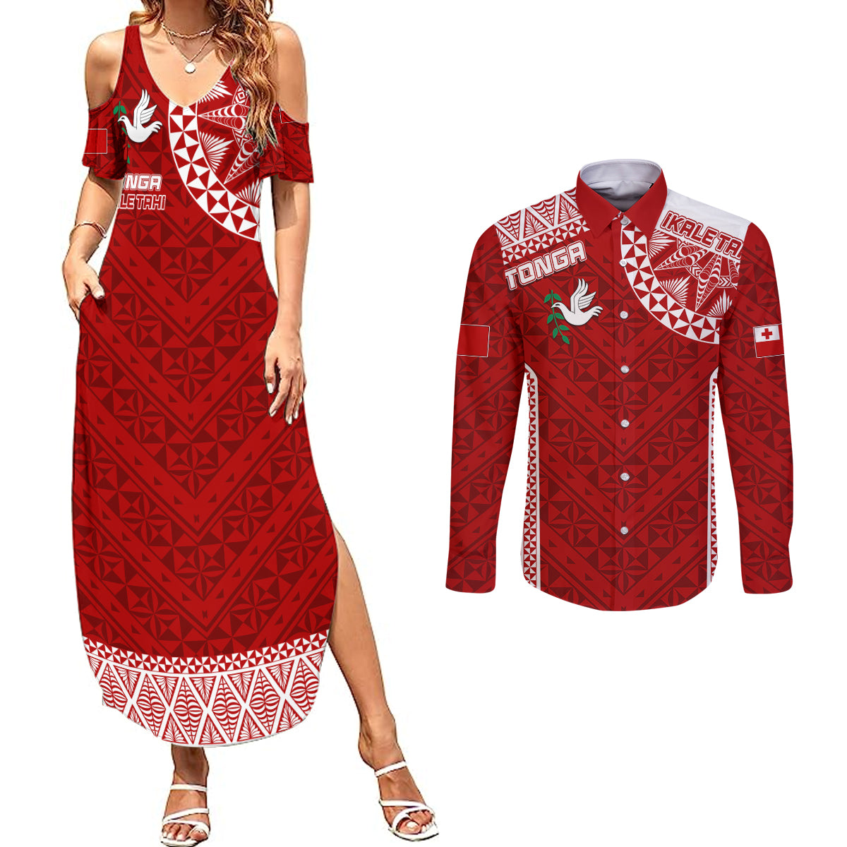 Personalised Tonga Rugby Couples Matching Summer Maxi Dress and Long Sleeve Button Shirts Ikale Tahi Champions World Cup 2023 LT7 Red - Polynesian Pride
