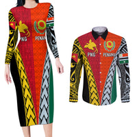 Personalised Papua New Guinea Mix Penama Couples Matching Long Sleeve Bodycon Dress and Long Sleeve Button Shirts Tribal Patterns Half-Half Style LT7 Colorful - Polynesian Pride