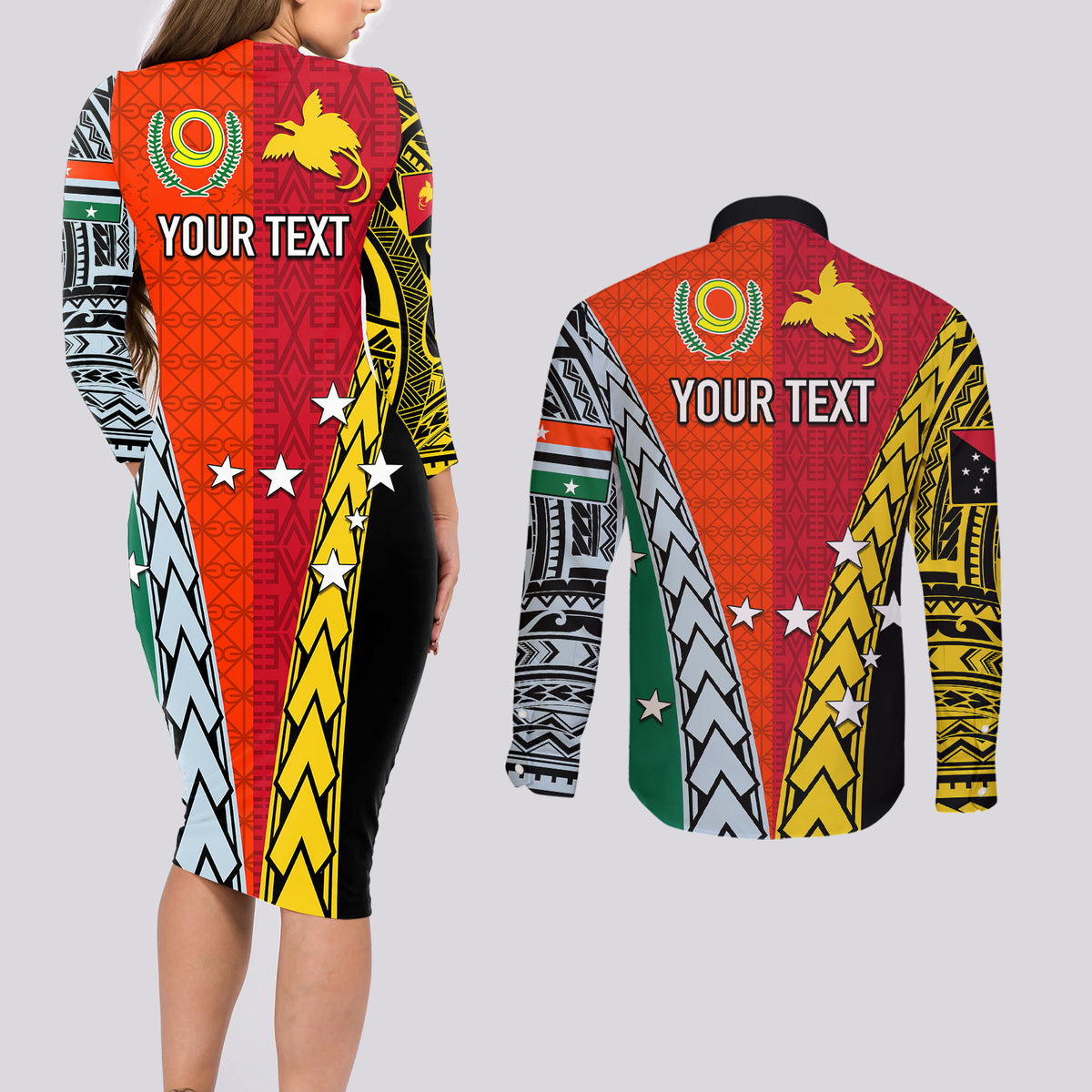 Personalised Papua New Guinea Mix Penama Couples Matching Long Sleeve Bodycon Dress and Long Sleeve Button Shirts Tribal Patterns Half-Half Style LT7 - Polynesian Pride