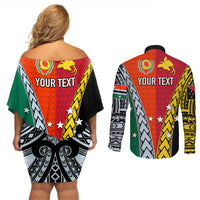 Personalised Papua New Guinea Mix Penama Couples Matching Off Shoulder Short Dress and Long Sleeve Button Shirts Tribal Patterns Half-Half Style LT7 - Polynesian Pride