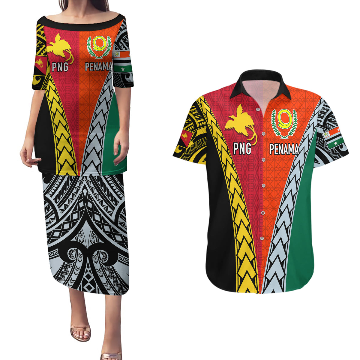 Personalised Papua New Guinea Mix Penama Couples Matching Puletasi Dress and Hawaiian Shirt Tribal Patterns Half-Half Style LT7 Colorful - Polynesian Pride