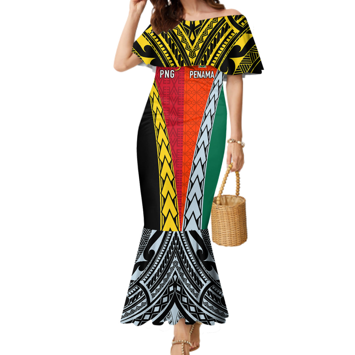 Personalised Papua New Guinea Mix Penama Family Matching Mermaid Dress and Hawaiian Shirt Tribal Patterns Half-Half Style LT7 Mom's Dress Colorful - Polynesian Pride