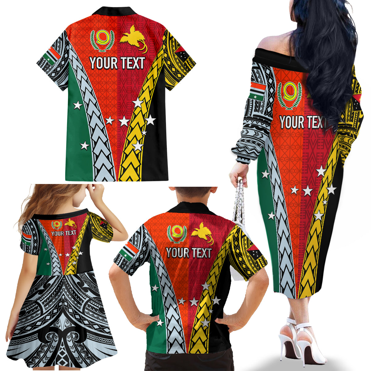 Personalised Papua New Guinea Mix Penama Family Matching Off Shoulder Long Sleeve Dress and Hawaiian Shirt Tribal Patterns Half-Half Style LT7 - Polynesian Pride