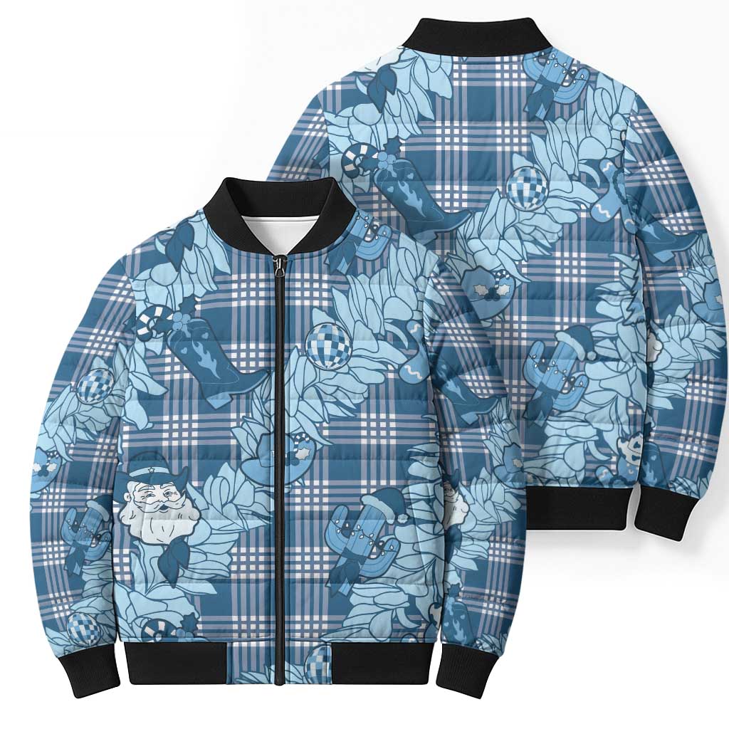 Blue Palaka Hawaii Cowboy Christmas Bomber Puffer Jacket Paniolo Mix Maile Lei - Polynesian Pride