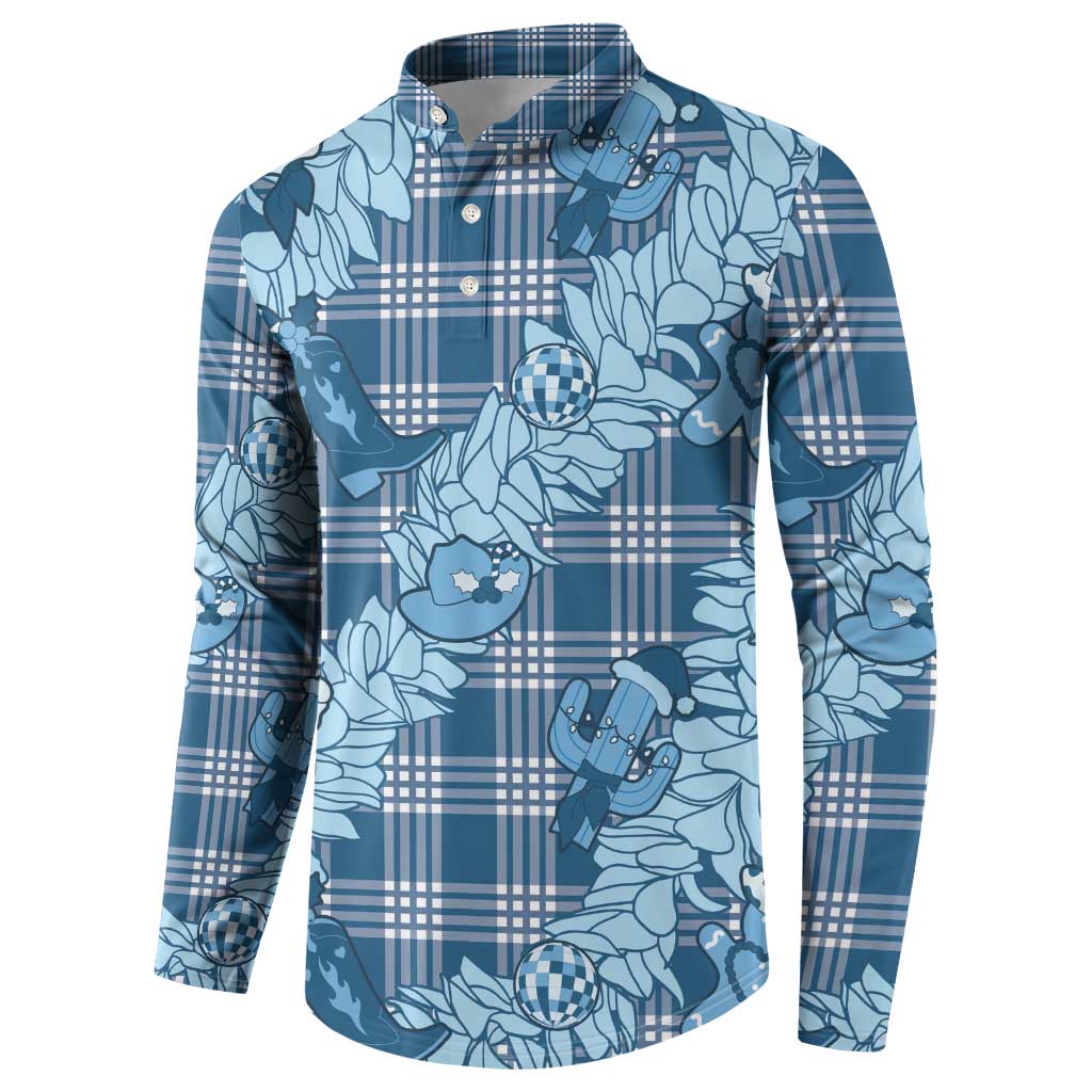 Blue Palaka Hawaii Cowboy Christmas Button Sweatshirt Paniolo Mix Maile Lei - Polynesian Pride
