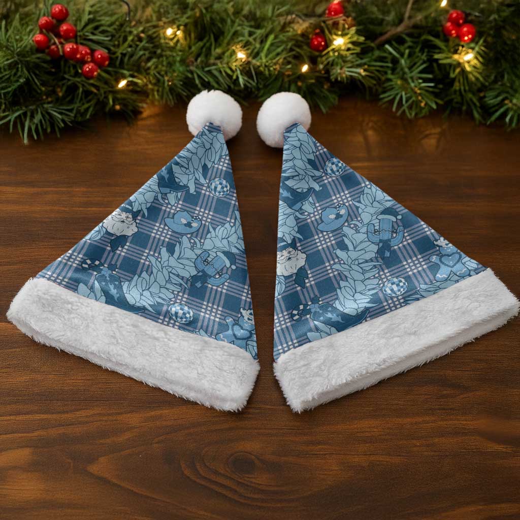 Blue Palaka Hawaii Cowboy Christmas Santa Hat Paniolo Mix Maile Lei - Polynesian Pride