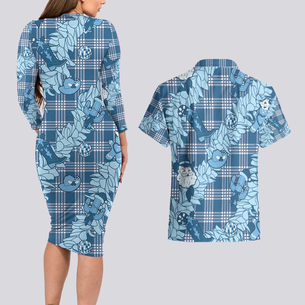 Blue Palaka Hawaii Cowboy Christmas Couples Matching Long Sleeve Bodycon Dress and Hawaiian Shirt Paniolo Mix Maile Lei - Polynesian Pride