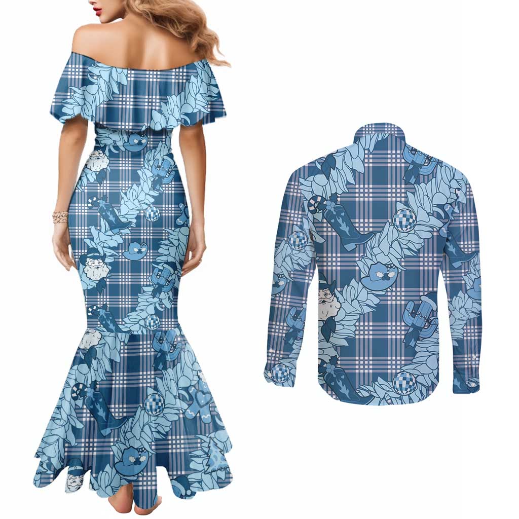 Blue Palaka Hawaii Cowboy Christmas Couples Matching Mermaid Dress and Long Sleeve Button Shirt Paniolo Mix Maile Lei - Polynesian Pride