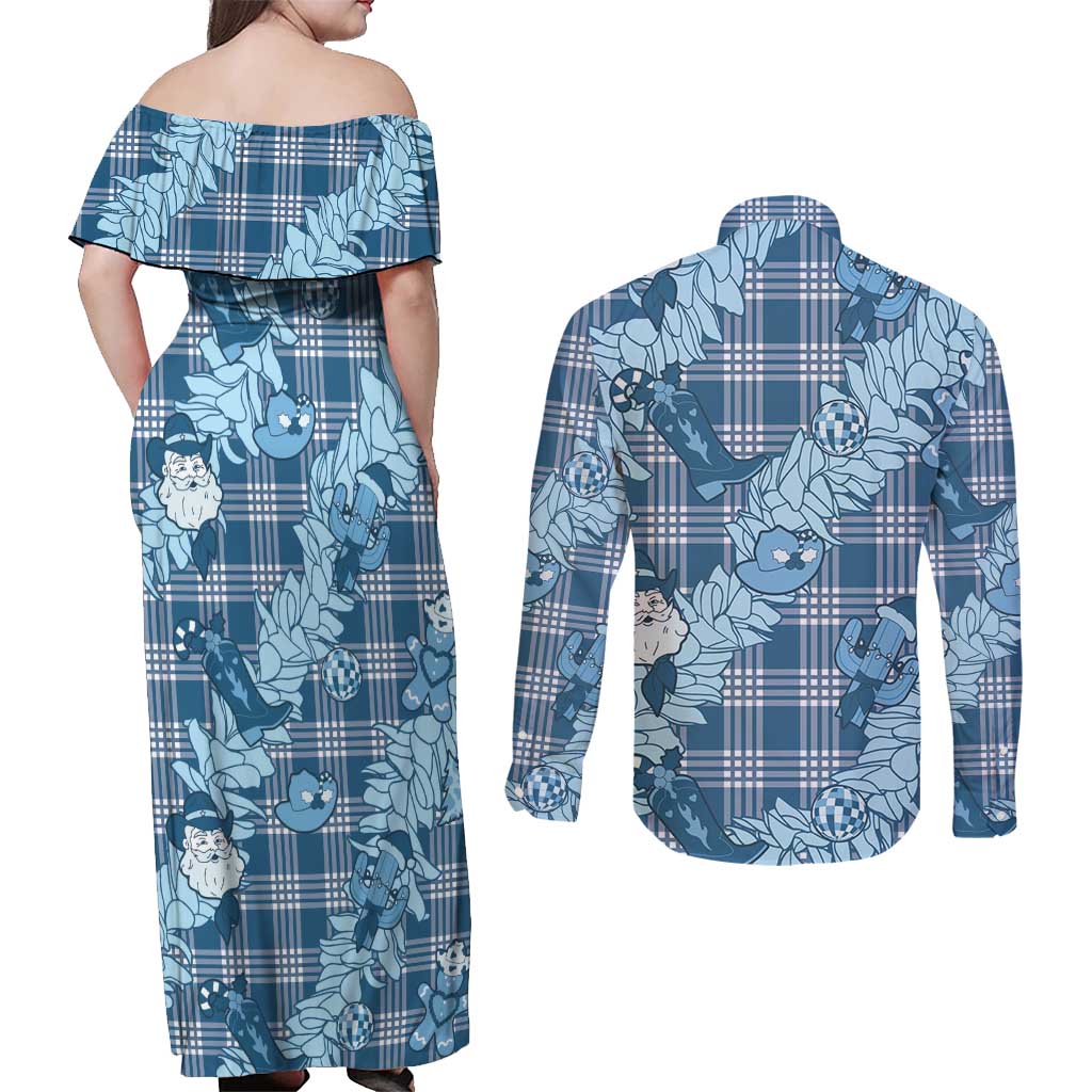 Blue Palaka Hawaii Cowboy Christmas Couples Matching Off Shoulder Maxi Dress and Long Sleeve Button Shirt Paniolo Mix Maile Lei - Polynesian Pride