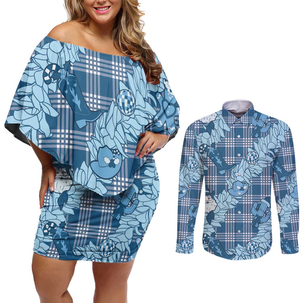 Blue Palaka Hawaii Cowboy Christmas Couples Matching Off Shoulder Short Dress and Long Sleeve Button Shirt Paniolo Mix Maile Lei - Polynesian Pride