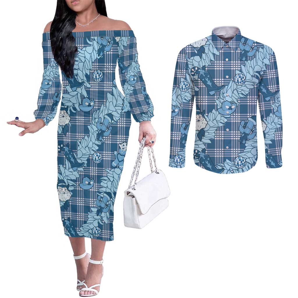 Blue Palaka Hawaii Cowboy Christmas Couples Matching Off The Shoulder Long Sleeve Dress and Long Sleeve Button Shirt Paniolo Mix Maile Lei - Polynesian Pride