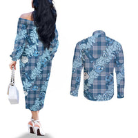 Blue Palaka Hawaii Cowboy Christmas Couples Matching Off The Shoulder Long Sleeve Dress and Long Sleeve Button Shirt Paniolo Mix Maile Lei - Polynesian Pride