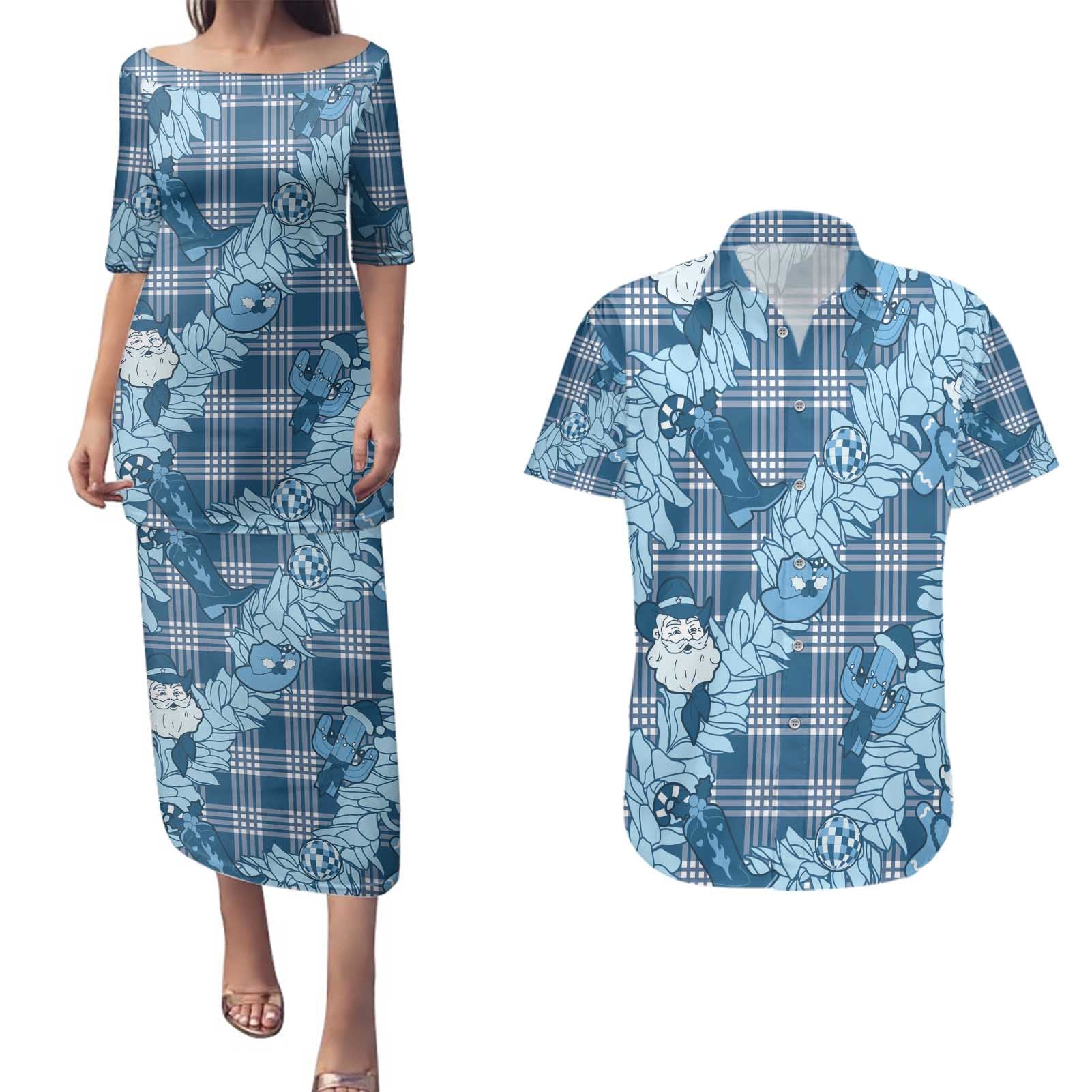 Blue Palaka Hawaii Cowboy Christmas Couples Matching Puletasi and Hawaiian Shirt Paniolo Mix Maile Lei - Polynesian Pride